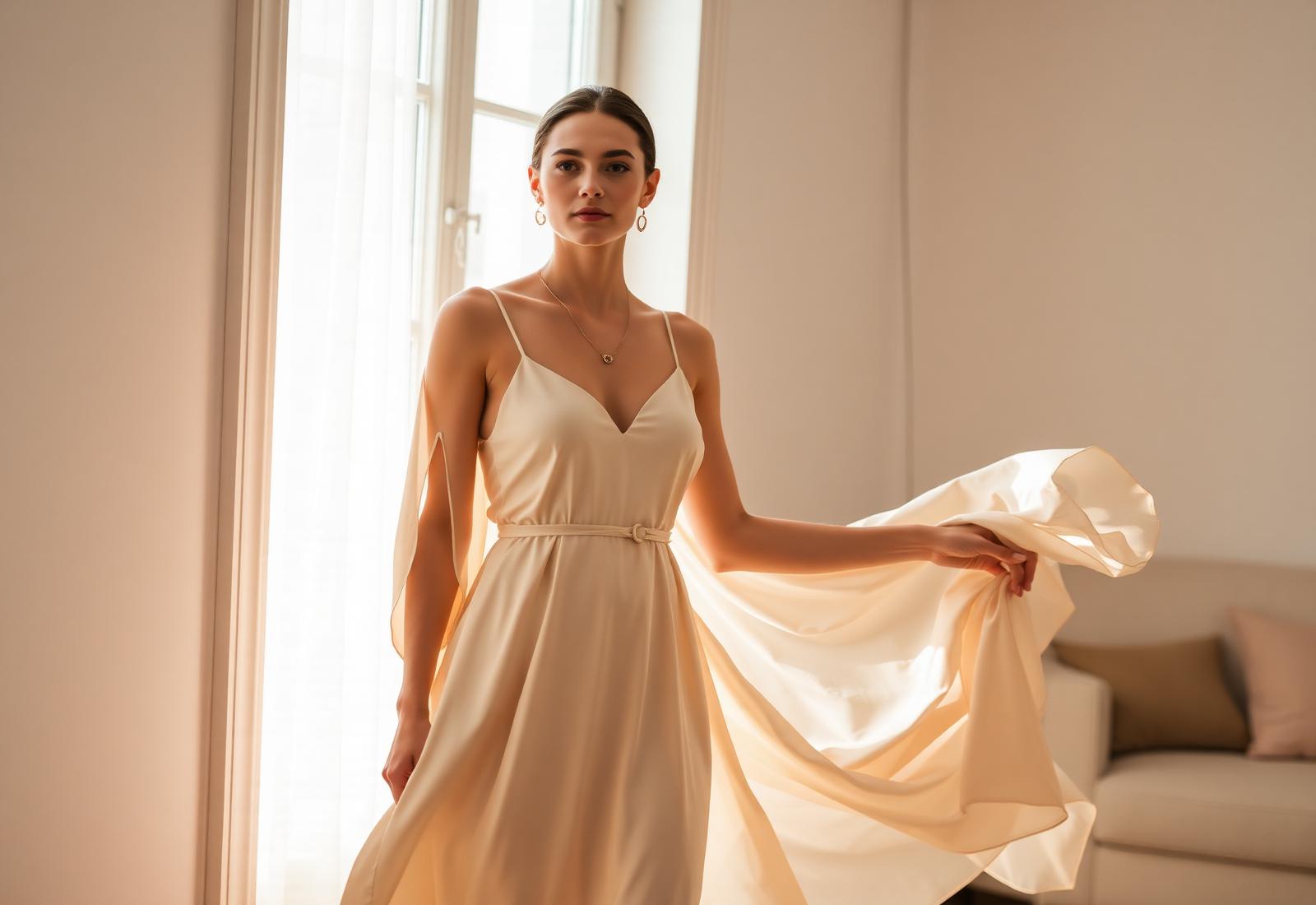 Woman in a flowing cream silk dress with delicate gold jewellery